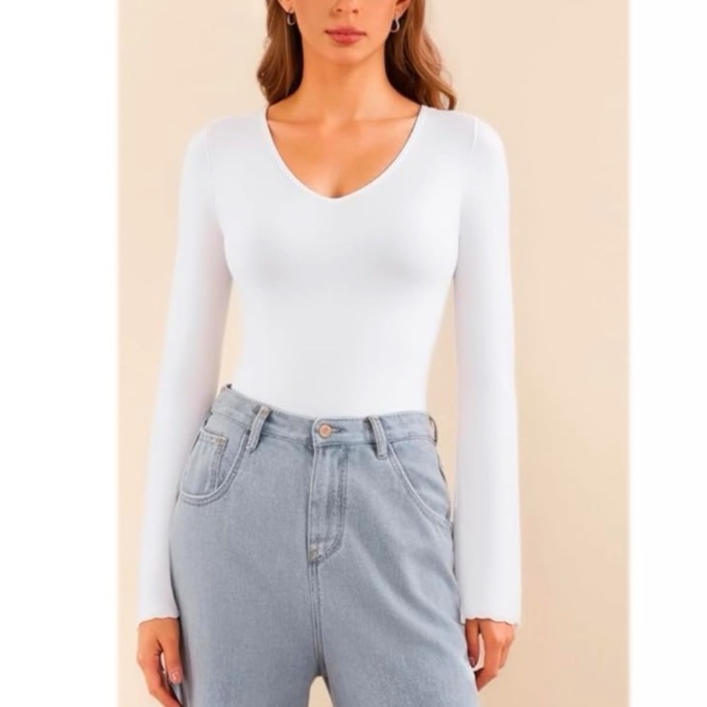MANGOPOP Bodysuit for Women Modal V Neck Folded Over Long Short Bell